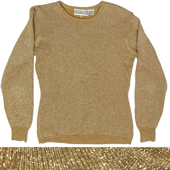 Vintage Smith-Forester Merino Wool Gold Metallic Sparkle Knit Sweater Holiday M - Picture 1 of 14